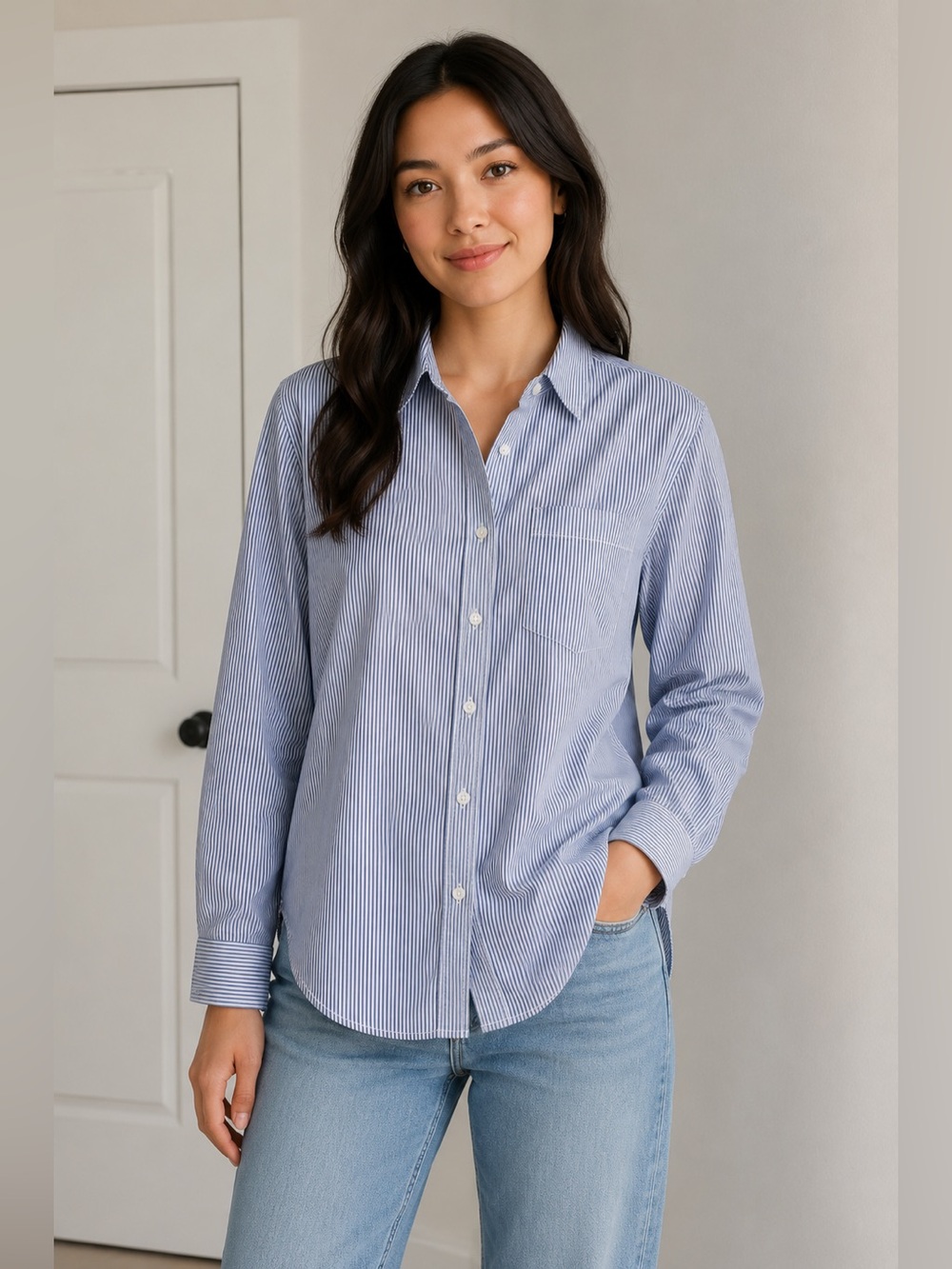 Athleta Blue White Stripe Button Front Shirt Long Sleeve | Size XXS